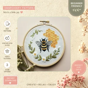 Main preview of bee flower nature inspired hand embroidery pattern showing bee, bees, flower, flowers, and leaves in a hand stitched hoop art design