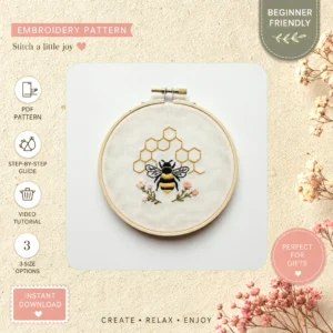 Main preview of bee flowers honeycomb floral hand embroidery pattern showing bee, flowers, floral, and nature in a hand stitched hoop art design