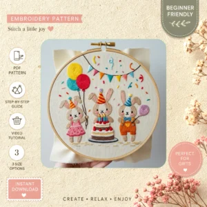 Main preview of birthday bunnies celebrate these hand embroidery pattern showing birthday bunnies celebrate these in a hand stitched hoop art design