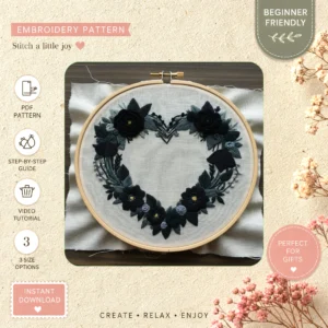 Main preview of black heart floral center hand embroidery pattern showing floral and home in a hand stitched hoop art design
