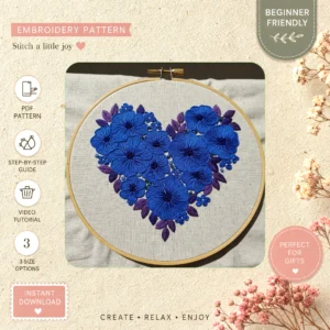 Main preview of blue flower floral flowers hand embroidery pattern showing flower, flowers, floral, leaves, and home in a hand stitched hoop art design