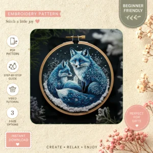 Main preview of blue fox whimsical two hand embroidery pattern showing fox, foxes, landscape, nature, and home in a hand stitched hoop art design
