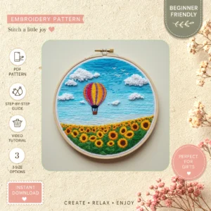 Main preview of blue sky hot air hand embroidery pattern showing sky and nature in a hand stitched hoop art design