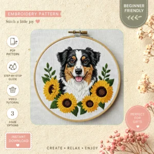 Main preview of border collie sunflower furry hand embroidery pattern showing dog and sunflower in a hand stitched hoop art design