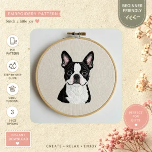 Main preview of boston terrier smiling eyes hand embroidery pattern showing dog in a hand stitched hoop art design