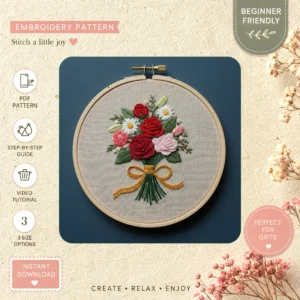 Main preview of bouquet flower vibrant flowers hand embroidery pattern showing flower, flowers, bouquet, nature, and home in a hand stitched hoop art design