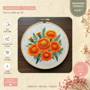 Main preview of bright orange flower vibrant hand embroidery pattern showing flower, flowers, bouquet, and leaves in a hand stitched hoop art design