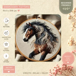 Main preview of brown horse white mane hand embroidery pattern showing horse in a hand stitched hoop art design