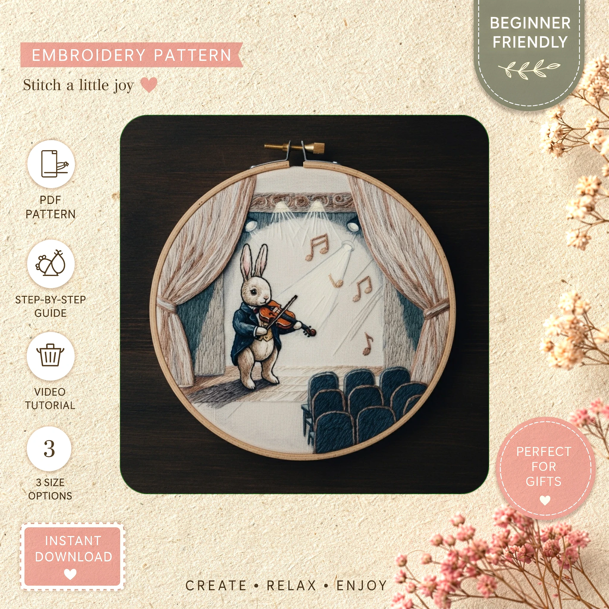Main preview of bunny conductor whimsical stage hand embroidery pattern showing bunny in a hand stitched hoop art design