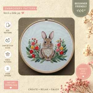 Main preview of bunny floral serene easter hand embroidery pattern showing bunny, flowers, floral, and bouquet in a hand stitched hoop art design