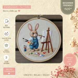 Main preview of bunny playful easel embrace hand embroidery pattern showing bunny in a hand stitched hoop art design