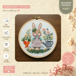 Main preview of bunny's garden nature inspired hand embroidery pattern showing bunny, floral, garden, and nature in a hand stitched hoop art design