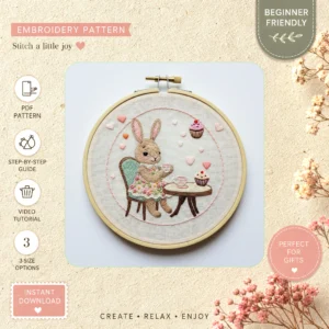 Main preview of bunny tea time enjoying hand embroidery pattern showing bunny and floral in a hand stitched hoop art design