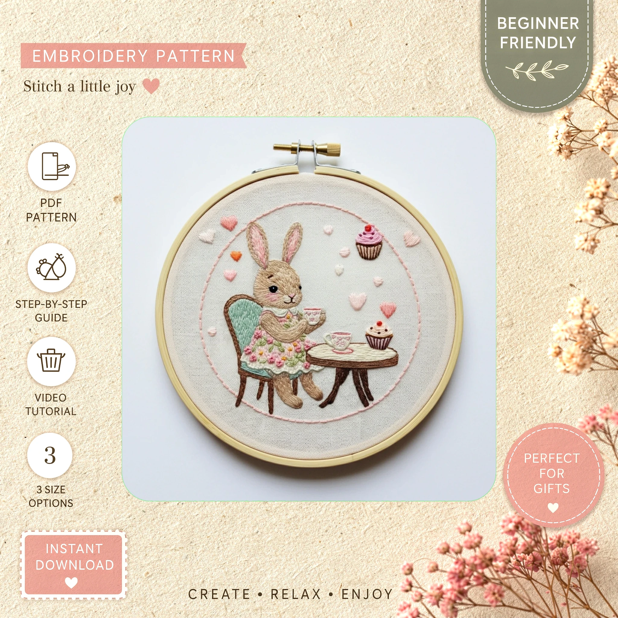 Main preview of bunny tea time enjoying hand embroidery pattern showing bunny and floral in a hand stitched hoop art design