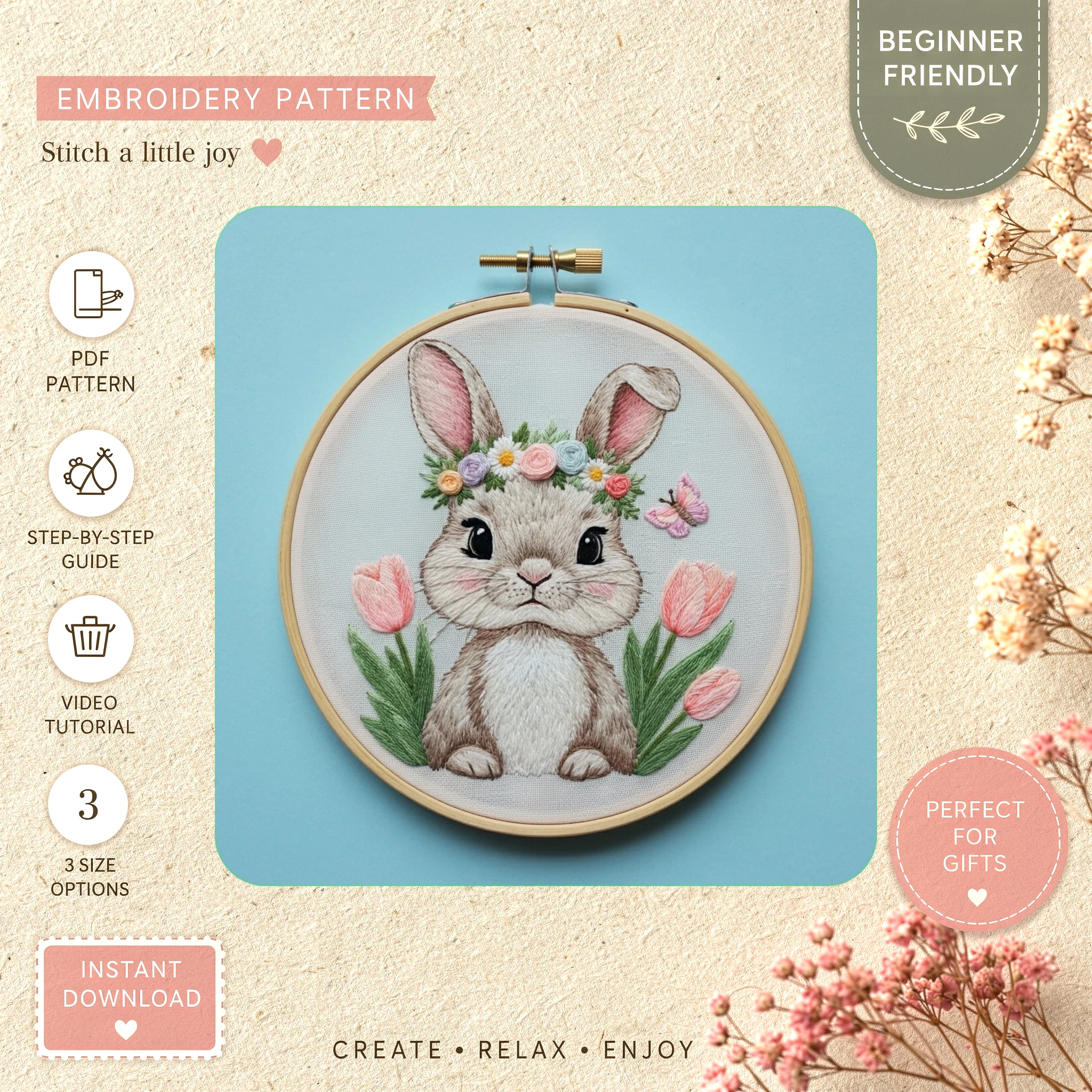 Main preview of bunny whimsical spring nature hand embroidery pattern showing bunny, floral, wreath, and nature in a hand stitched hoop art design