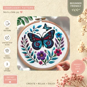 Main preview of butterfly floral vibrant butterflies hand embroidery pattern showing butterfly, butterflies, flowers, floral, and nature in a hand stitched hoop art design