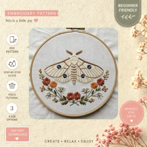 Main preview of butterfly nature inspired flowers hand embroidery pattern showing butterfly, flowers, floral, and nature in a hand stitched hoop art design