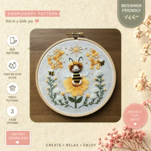 Main preview of buzzy blossom bee flowers hand embroidery pattern showing bee, flowers, blossom, cottage, and nature in a hand stitched hoop art design