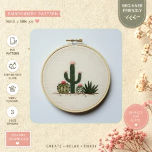 Main preview of cactus desert pink flowers hand embroidery pattern showing flowers, desert, nature, and home in a hand stitched hoop art design
