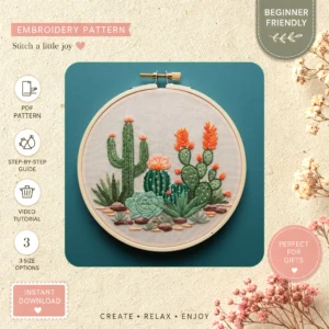 Main preview of cactus floral desert pink hand embroidery pattern showing flowers, floral, desert, and nature in a hand stitched hoop art design