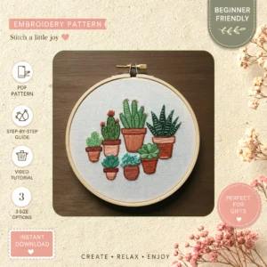 Main preview of cactus floral nature inspired hand embroidery pattern showing floral and nature in a hand stitched hoop art design
