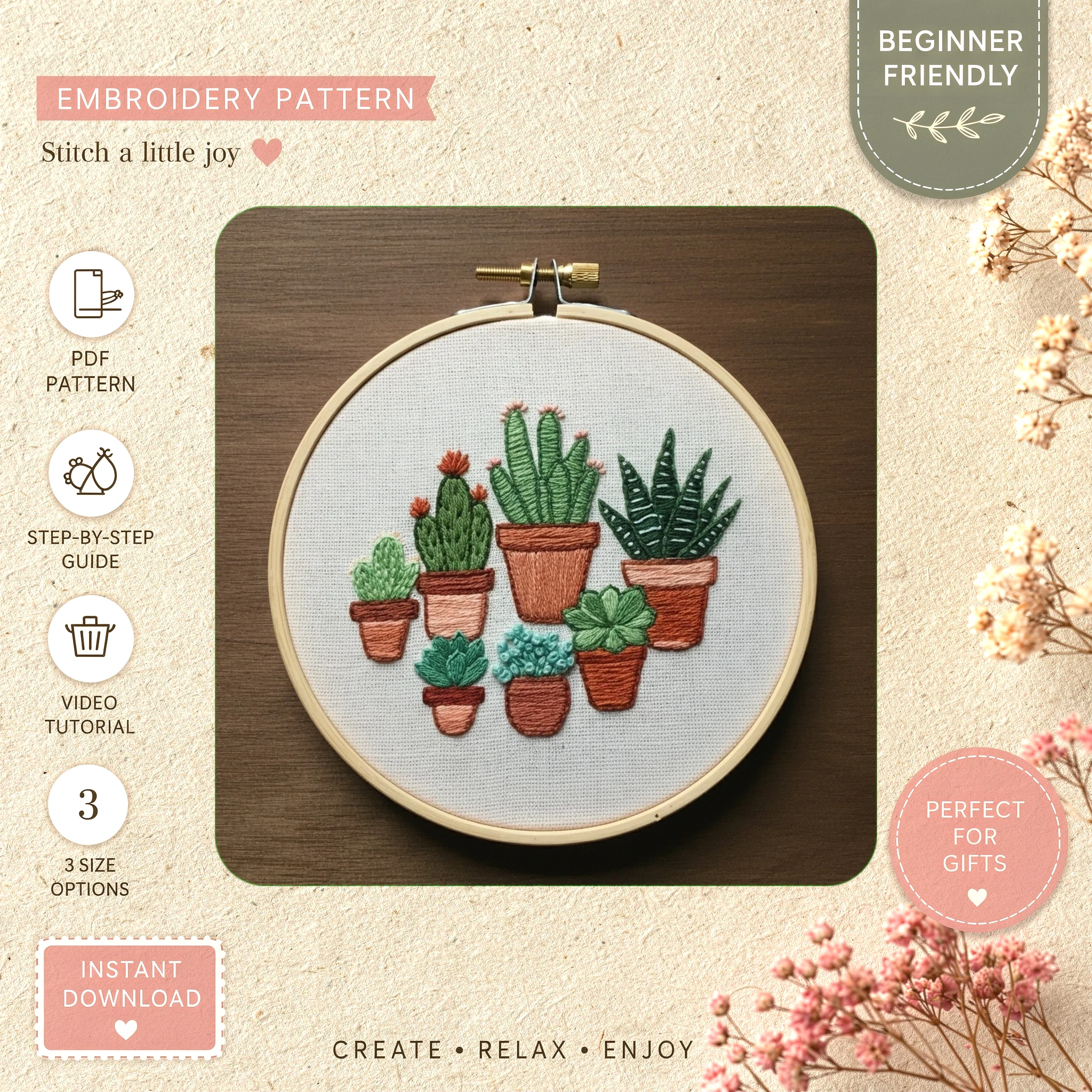 Main preview of cactus floral nature inspired hand embroidery pattern showing floral and nature in a hand stitched hoop art design