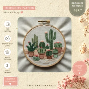 Main preview of cactus garden southwestern desert hand embroidery pattern showing garden, landscape, desert, and home in a hand stitched hoop art design