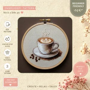 Main preview of caf coziness coffee cup hand embroidery pattern showing cat, nature, and home in a hand stitched hoop art design
