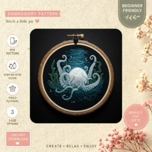 Main preview of captivating octopus underwater complete hand embroidery pattern showing octopus, sea, and underwater in a hand stitched hoop art design