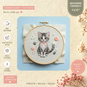 Main preview of cat cozy feline friend hand embroidery pattern showing cat, floral, and home in a hand stitched hoop art design