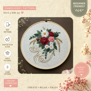 Main preview of celebrate floral bouquet vibrant hand embroidery pattern showing flowers, floral, bouquet, and leaves in a hand stitched hoop art design