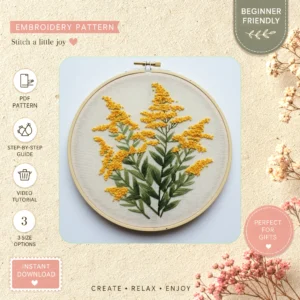 Main preview of celebrate nature floral yellow hand embroidery pattern showing flowers, floral, leaves, nature, and home in a hand stitched hoop art design