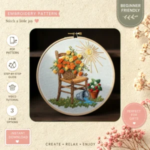 Main preview of celebrate nature wooden chair hand embroidery pattern showing flowers, garden, nature, and sun in a hand stitched hoop art design