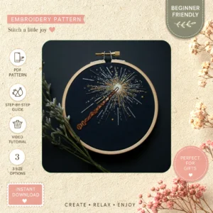 Main preview of celebrate sparkling fireworks elegant hand embroidery pattern showing celebrate sparkling fireworks elegant in a hand stitched hoop art design