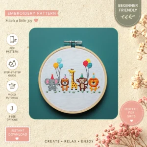 Main preview of celebrate whimsical animal party hand embroidery pattern showing celebrate whimsical animal party in a hand stitched hoop art design