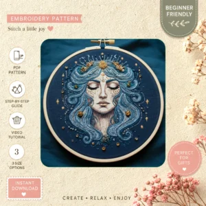 Main preview of celestial dreamer starry cosmic hand embroidery pattern showing floral, moon, stars, celestial, and home in a hand stitched hoop art design