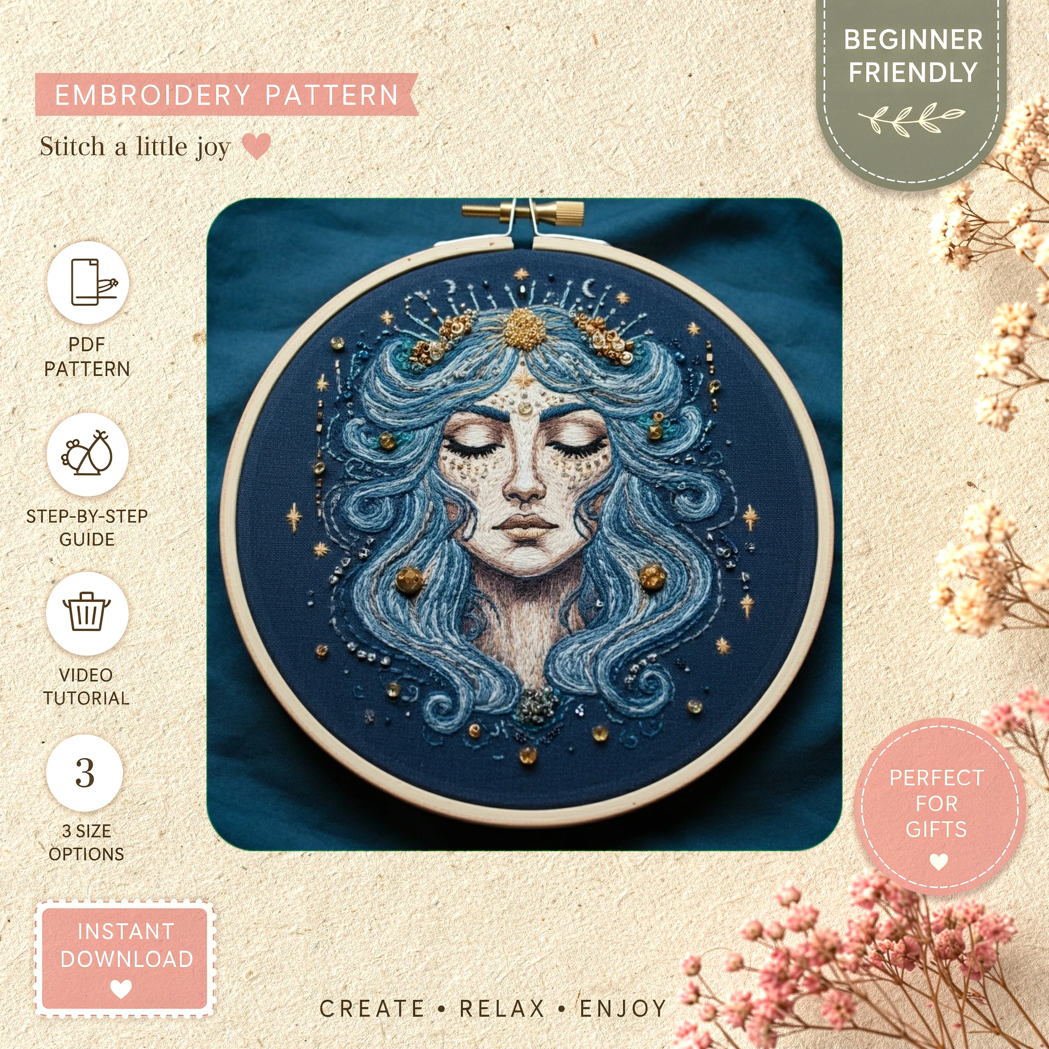 Main preview of celestial dreamer starry cosmic hand embroidery pattern showing floral, moon, stars, celestial, and home in a hand stitched hoop art design