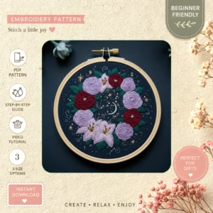 Main preview of celestial floral colorful flowers hand embroidery pattern showing flowers, floral, lavender, nature, and stars in a hand stitched hoop art design