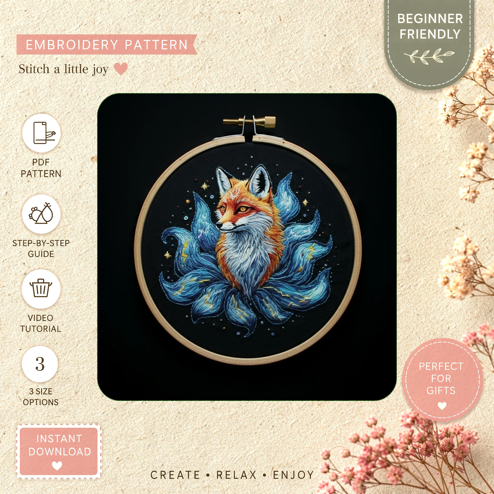 Main preview of celestial fox mystical nighttime hand embroidery pattern showing fox, flowers, leaves, sky, and nature in a hand stitched hoop art design