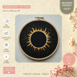 Main preview of celestial mandala moon sun hand embroidery pattern showing moon, star, stars, sun, and celestial in a hand stitched hoop art design