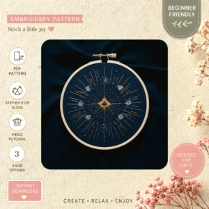 Main preview of celestial mandala moon sun stars hand embroidery pattern showing moon, stars, sun, celestial, and home in a hand stitched hoop art design