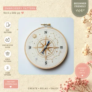 Main preview of celestial navigation compass embellish hand embroidery pattern showing stars, celestial, and planets in a hand stitched hoop art design