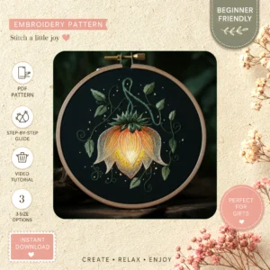 Main preview of celestial wildflower nature's serenity hand embroidery pattern showing wildflower, wildflowers, leaves, moon, and crescent in a hand stitched hoop art design