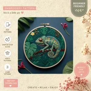 Main preview of chameleon jungle vibrant tropical hand embroidery pattern showing nature in a hand stitched hoop art design