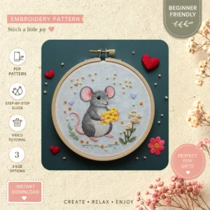 Main preview of cheesy mouse cheese loving hand embroidery pattern showing mouse and flowers in a hand stitched hoop art design