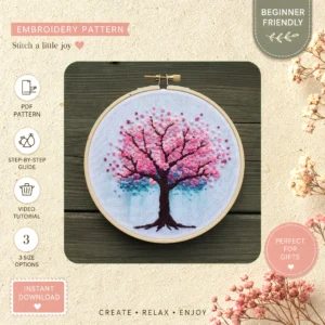 Main preview of cherry blossom tree who hand embroidery pattern showing flowers, blossom, tree, nature, and home in a hand stitched hoop art design