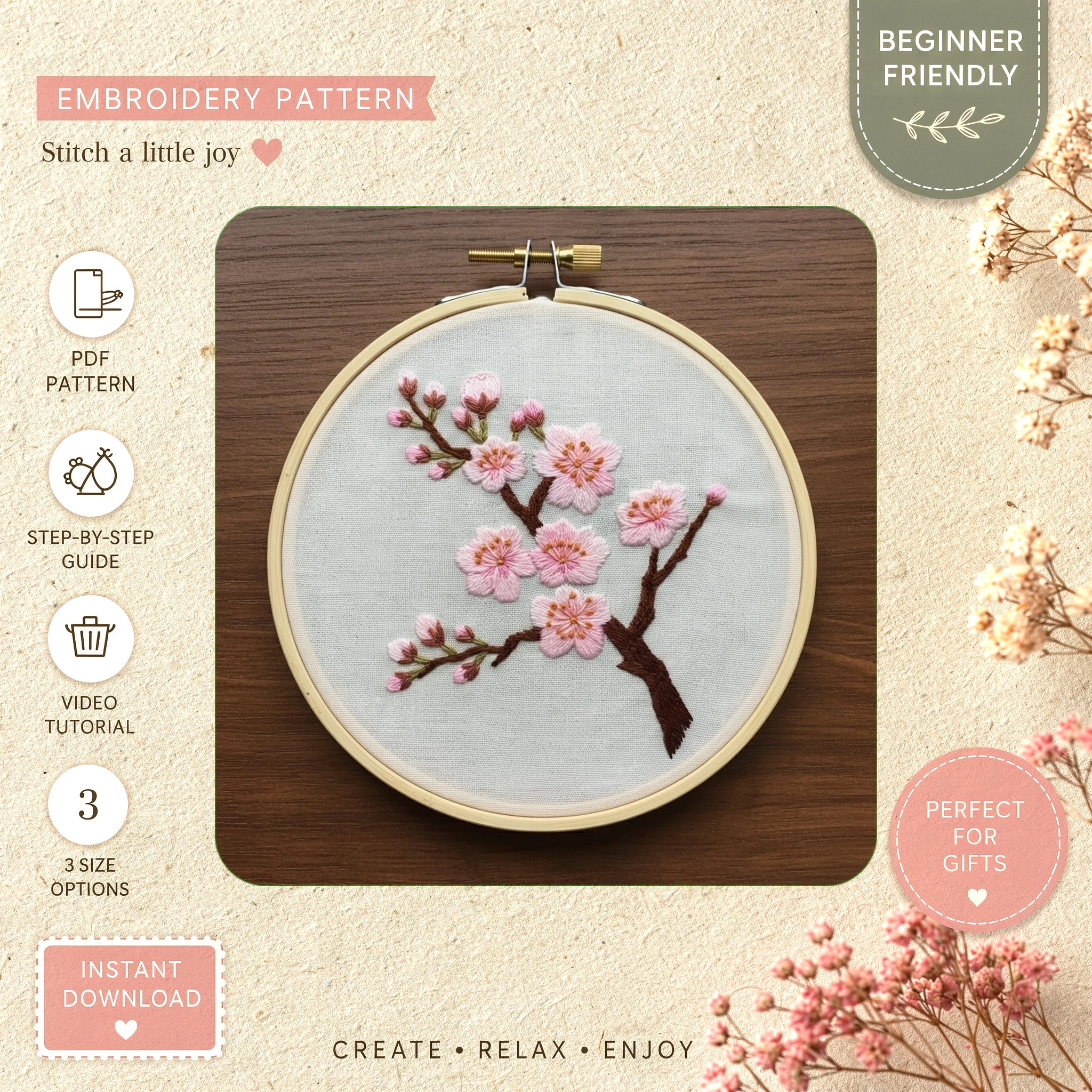 Main preview of cherry blossoms timeless springtime hand embroidery pattern showing blossom and blossoms in a hand stitched hoop art design