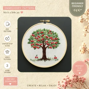 Main preview of cherry tree nature fruit hand embroidery pattern showing leaves, tree, nature, and home in a hand stitched hoop art design