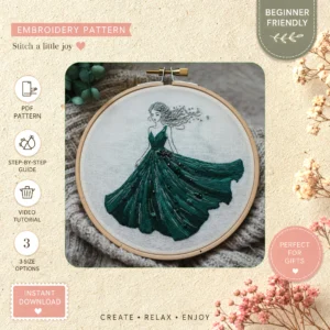 Main preview of chic evening gown timeless hand embroidery pattern showing flowers, floral, and home in a hand stitched hoop art design