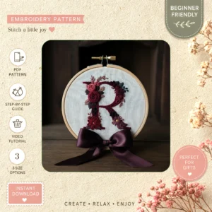 Main preview of chic lettering customize initials hand embroidery pattern showing floral and home in a hand stitched hoop art design